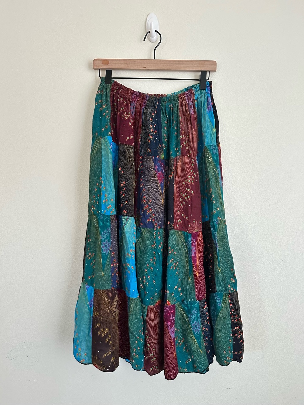 Bohemian Patchwork Teal & Burgundy Maxi Skirt